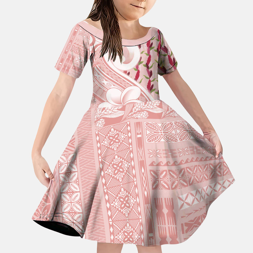 Samoa Teuila Family Matching Off Shoulder Maxi Dress and Hawaiian Shirt Pink Samoan Siapo Motifs LT05 Daughter's Dress Pink - Polynesian Pride