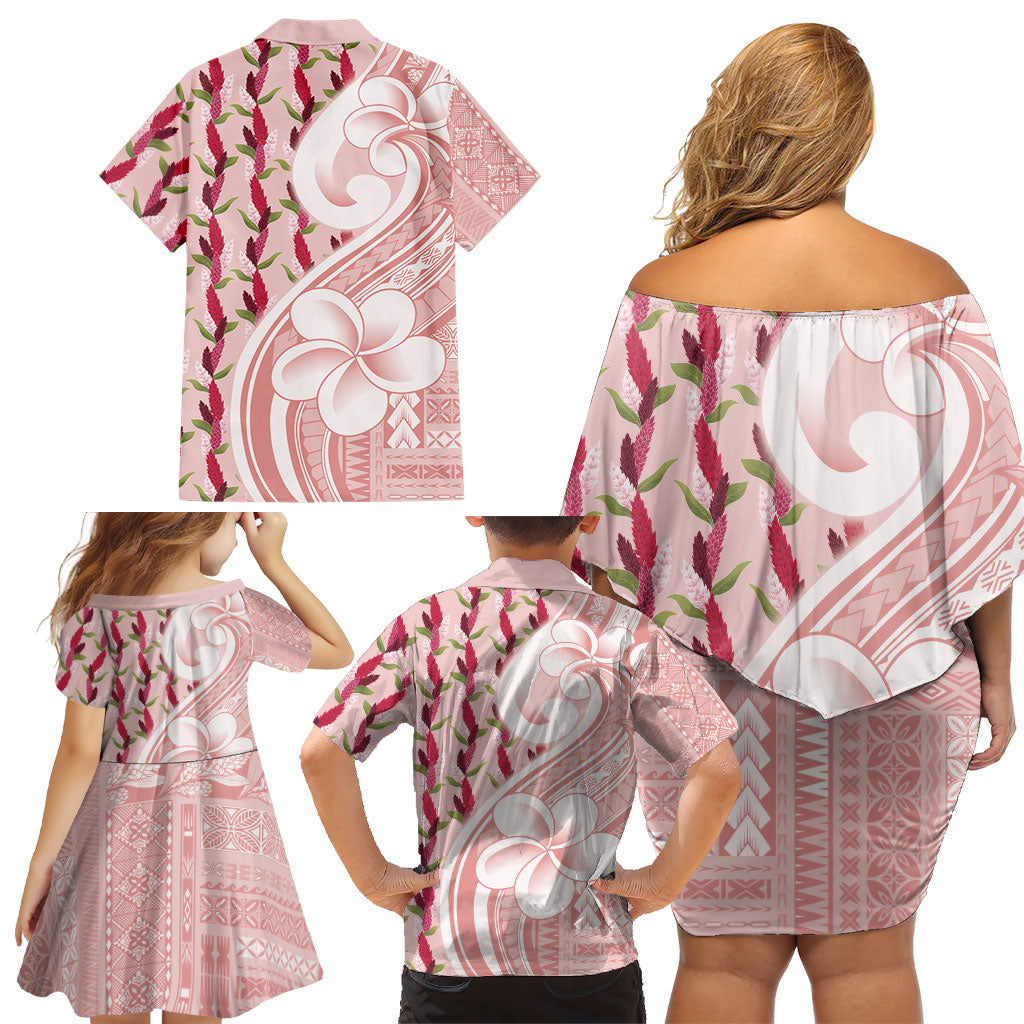 Samoa Teuila Family Matching Off Shoulder Short Dress and Hawaiian Shirt Pink Samoan Siapo Motifs LT05 - Polynesian Pride