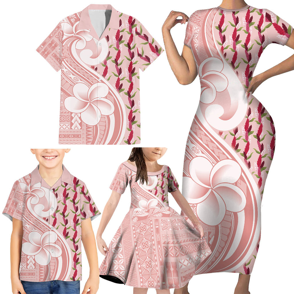 Samoa Teuila Family Matching Short Sleeve Bodycon Dress and Hawaiian Shirt Pink Samoan Siapo Motifs LT05 - Polynesian Pride