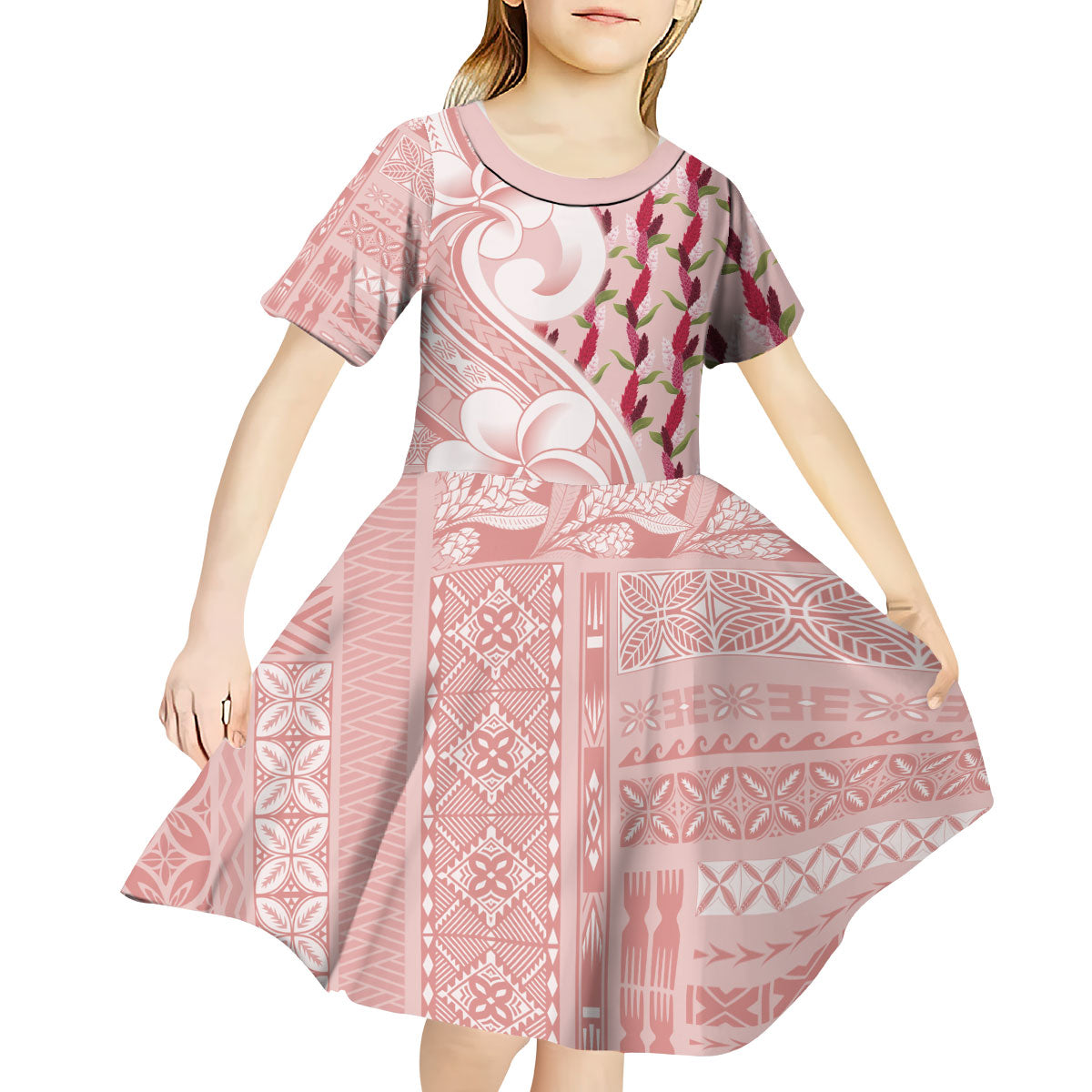 Samoa Teuila Kid Short Sleeve Dress Pink Samoan Siapo Motifs LT05 - Polynesian Pride