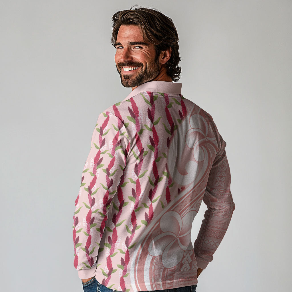Samoa Teuila Long Sleeve Polo Shirt Pink Samoan Siapo Motifs LT05 - Polynesian Pride