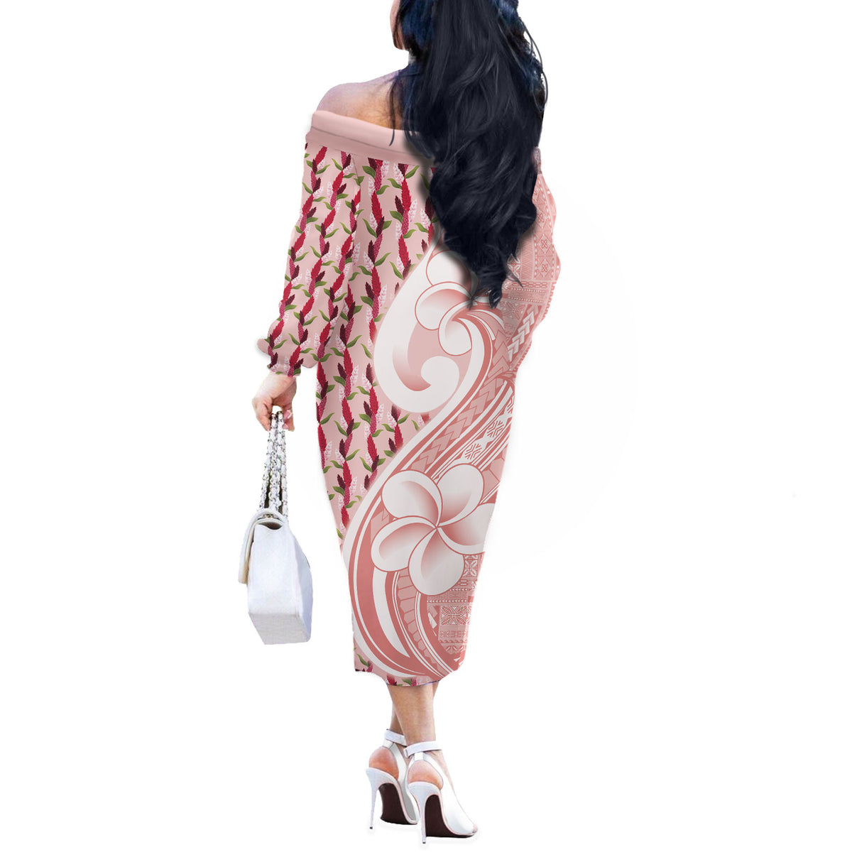 Samoa Teuila Off The Shoulder Long Sleeve Dress Pink Samoan Siapo Motifs LT05 - Polynesian Pride