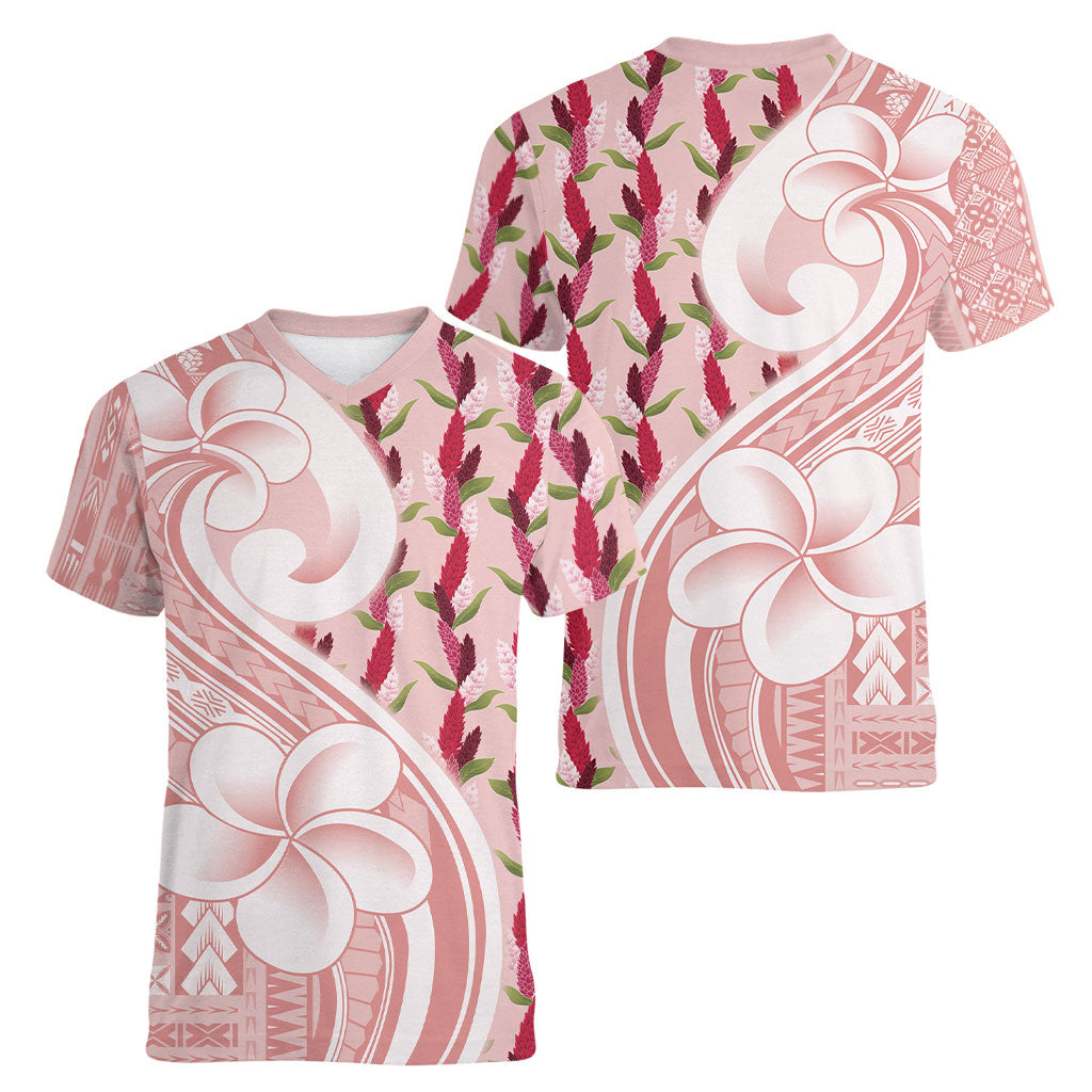 Samoa Teuila Women V-Neck T-Shirt Pink Samoan Siapo Motifs LT05 - Polynesian Pride