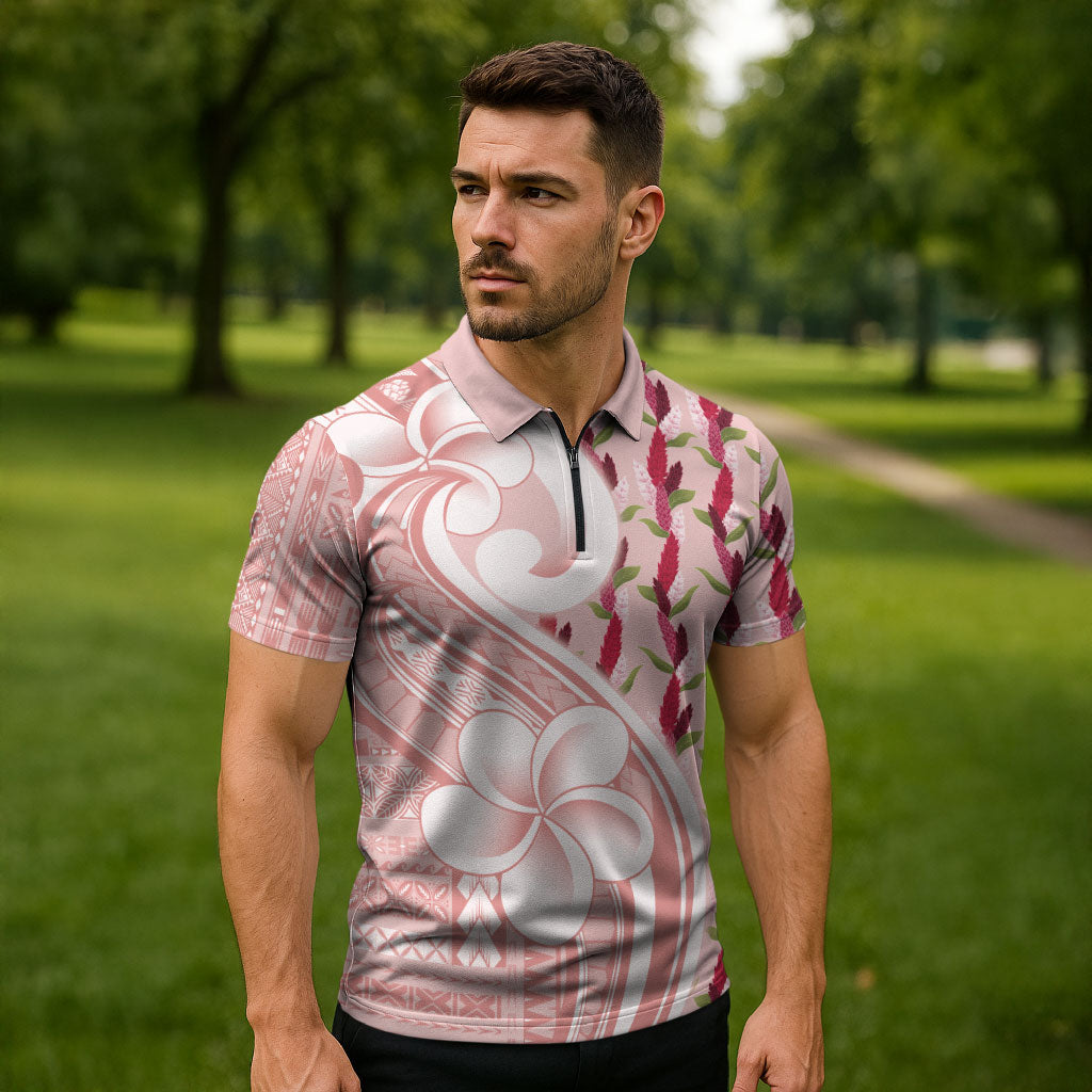 Samoa Teuila Zipper Polo Shirt Pink Samoan Siapo Motifs LT05 - Polynesian Pride