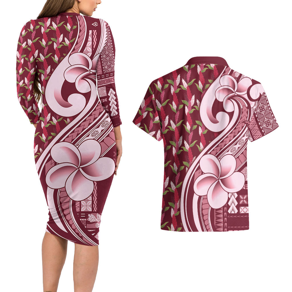Samoa Teuila Couples Matching Long Sleeve Bodycon Dress and Hawaiian Shirt Maroon Samoan Siapo Motifs LT05 - Polynesian Pride
