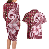 Samoa Teuila Couples Matching Long Sleeve Bodycon Dress and Hawaiian Shirt Maroon Samoan Siapo Motifs LT05 - Polynesian Pride