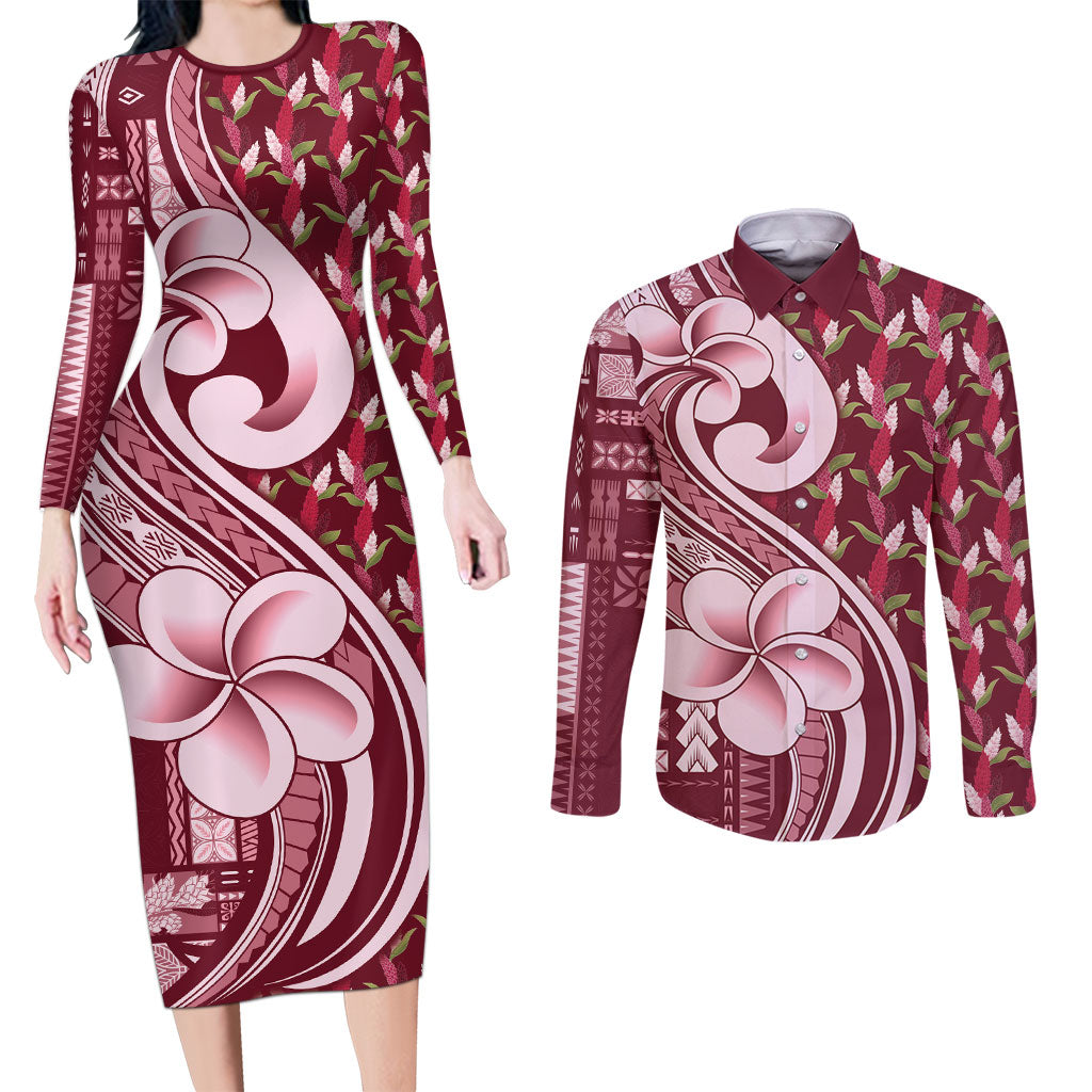 Samoa Teuila Couples Matching Long Sleeve Bodycon Dress and Long Sleeve Button Shirt Maroon Samoan Siapo Motifs LT05 Maroon - Polynesian Pride