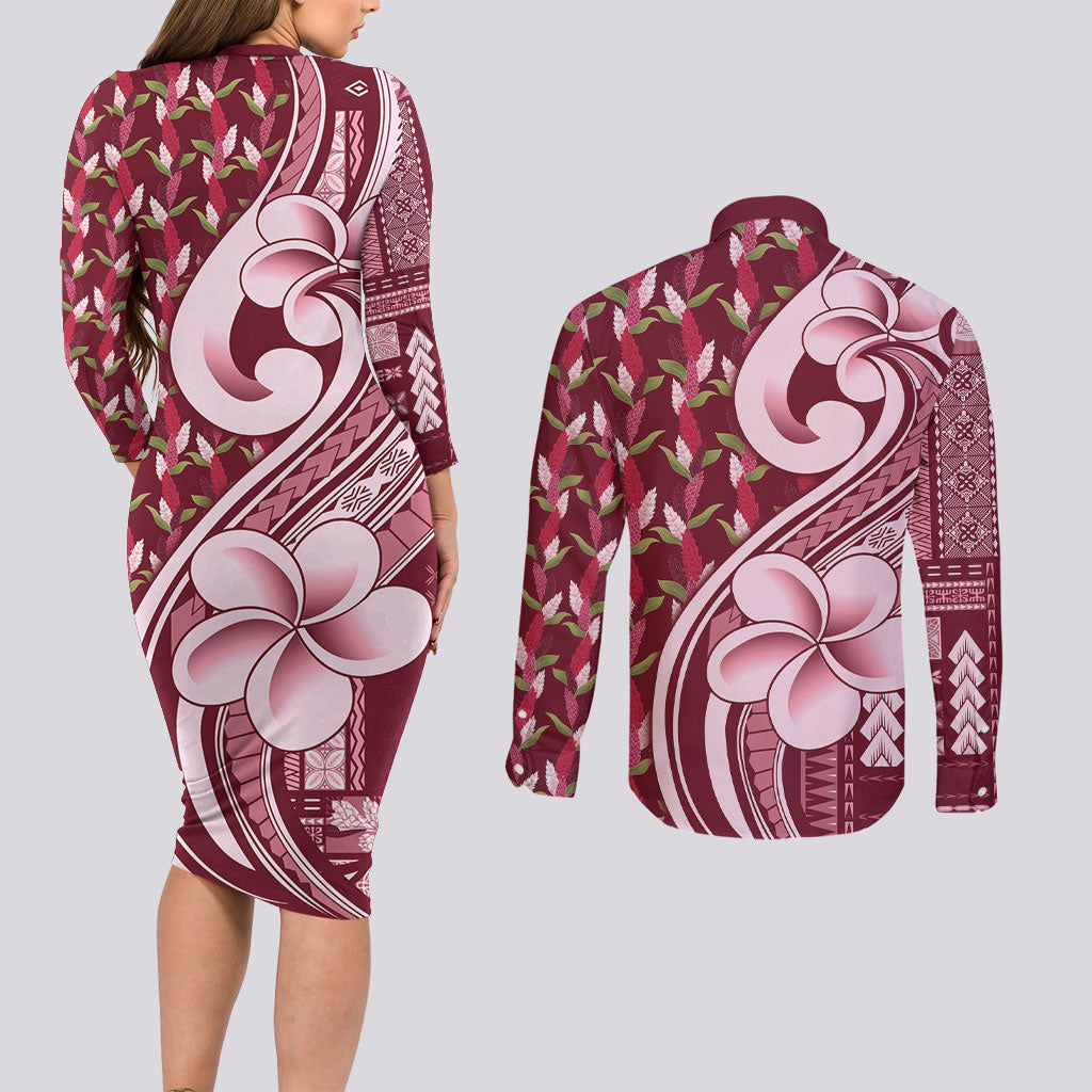 Samoa Teuila Couples Matching Long Sleeve Bodycon Dress and Long Sleeve Button Shirt Maroon Samoan Siapo Motifs LT05 - Polynesian Pride