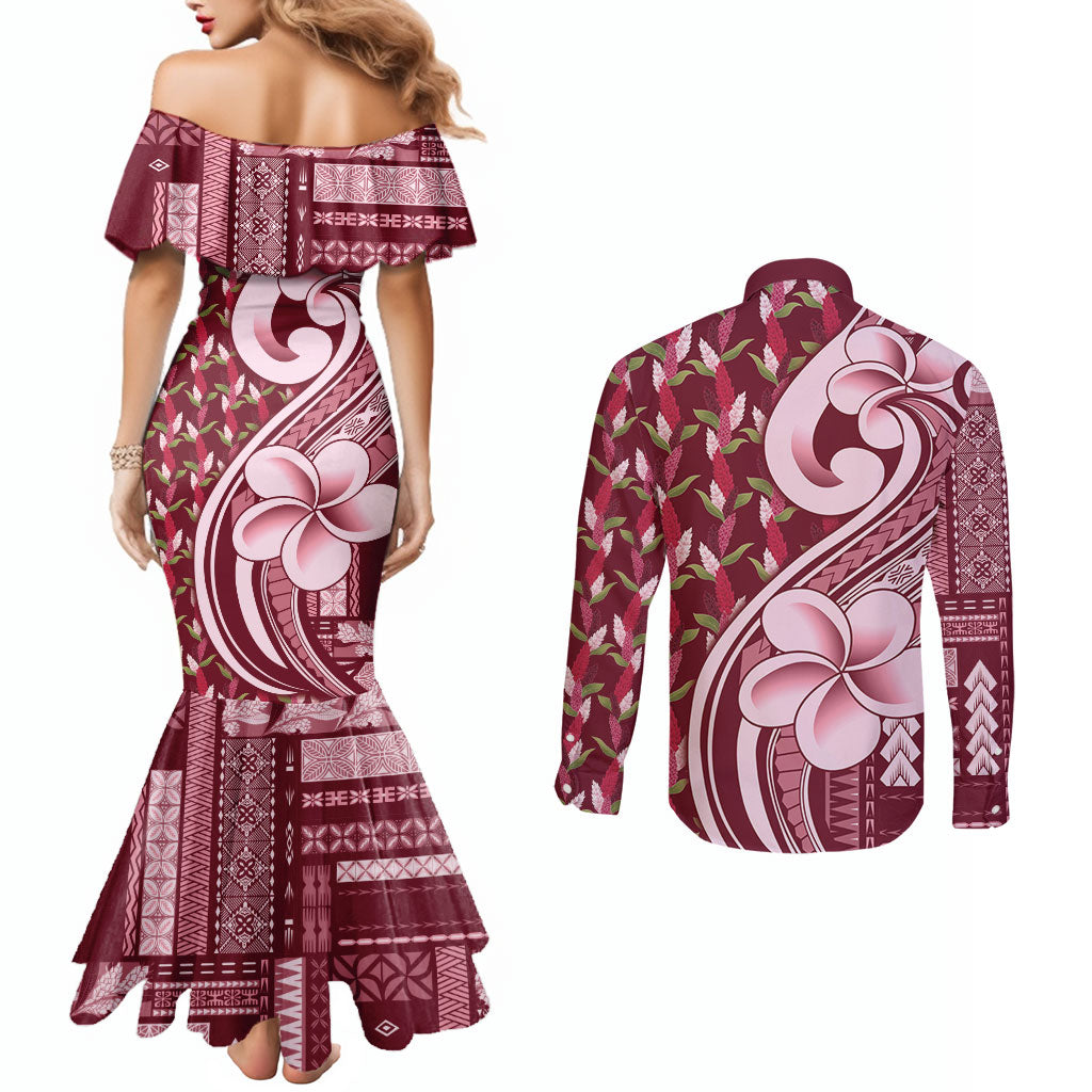 Samoa Teuila Couples Matching Mermaid Dress and Long Sleeve Button Shirt Maroon Samoan Siapo Motifs LT05 - Polynesian Pride