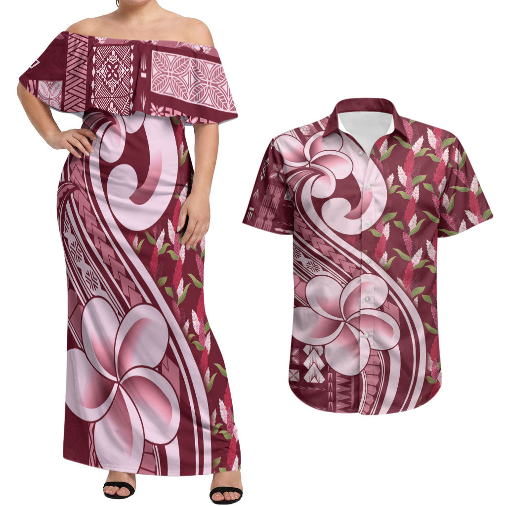 Samoa Teuila Couples Matching Off Shoulder Maxi Dress and Hawaiian Shirt Maroon Samoan Siapo Motifs LT05 Maroon - Polynesian Pride