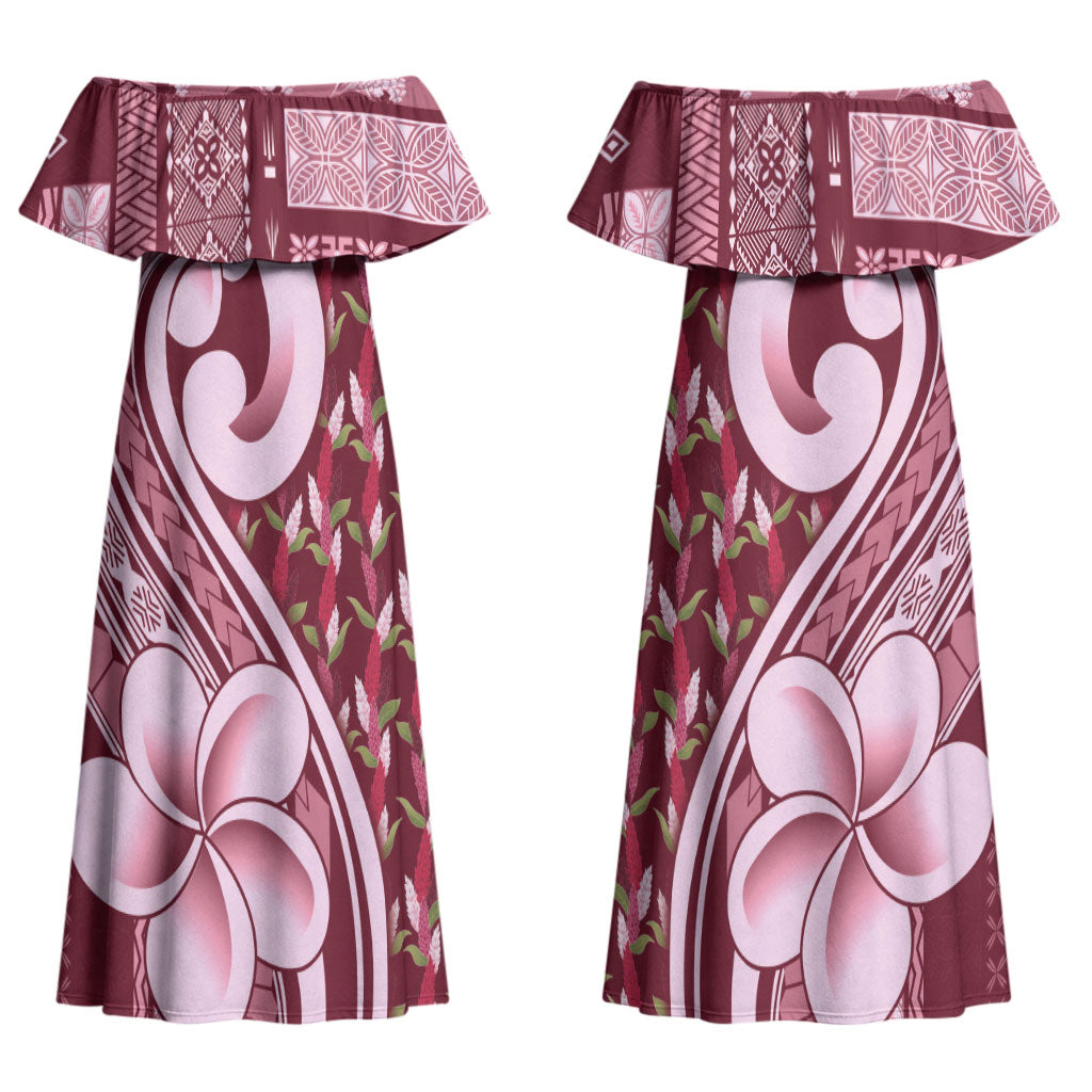 Samoa Teuila Couples Matching Off Shoulder Maxi Dress and Hawaiian Shirt Maroon Samoan Siapo Motifs LT05 - Polynesian Pride