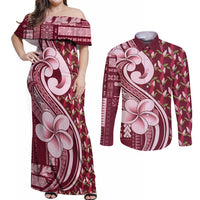 Samoa Teuila Couples Matching Off Shoulder Maxi Dress and Long Sleeve Button Shirt Maroon Samoan Siapo Motifs LT05 Maroon - Polynesian Pride