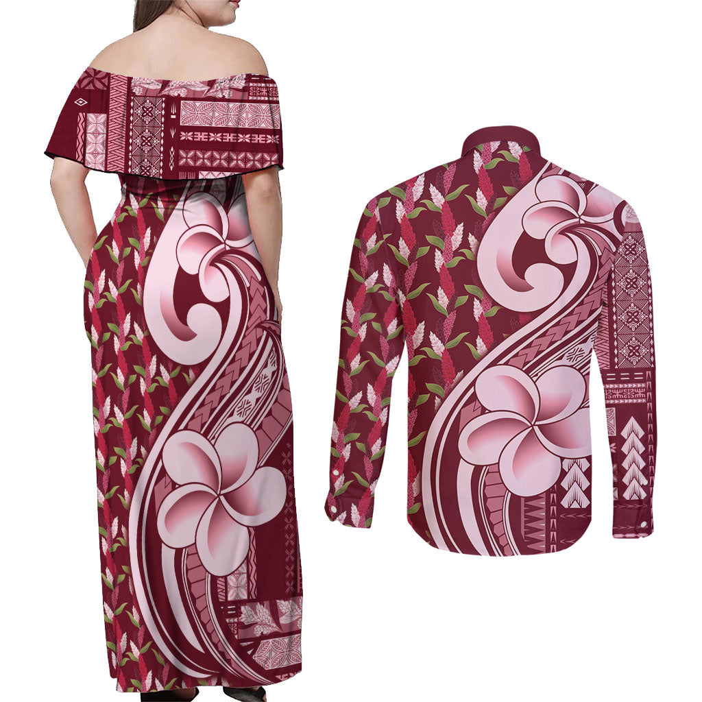 Samoa Teuila Couples Matching Off Shoulder Maxi Dress and Long Sleeve Button Shirt Maroon Samoan Siapo Motifs LT05 - Polynesian Pride