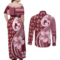 Samoa Teuila Couples Matching Off Shoulder Maxi Dress and Long Sleeve Button Shirt Maroon Samoan Siapo Motifs LT05 - Polynesian Pride