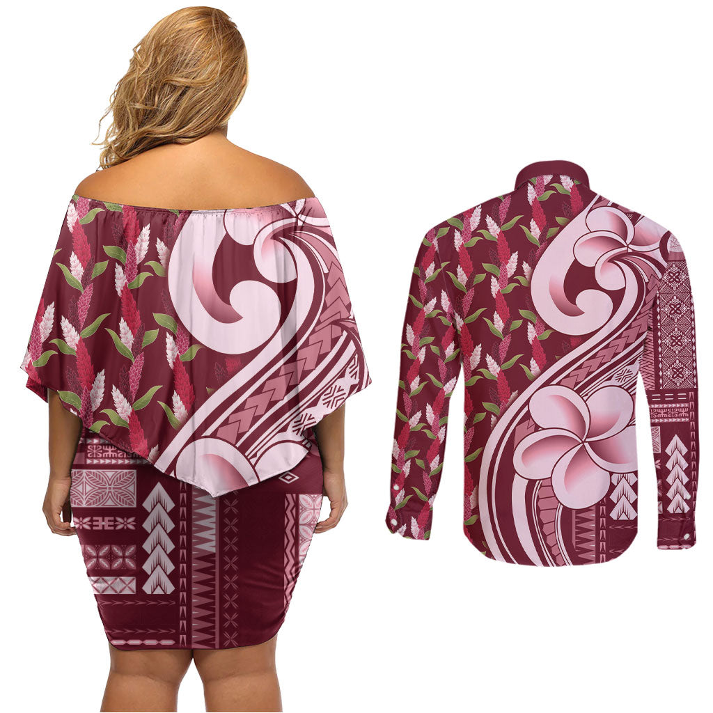 Samoa Teuila Couples Matching Off Shoulder Short Dress and Long Sleeve Button Shirt Maroon Samoan Siapo Motifs LT05 - Polynesian Pride