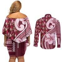 Samoa Teuila Couples Matching Off Shoulder Short Dress and Long Sleeve Button Shirt Maroon Samoan Siapo Motifs LT05 - Polynesian Pride