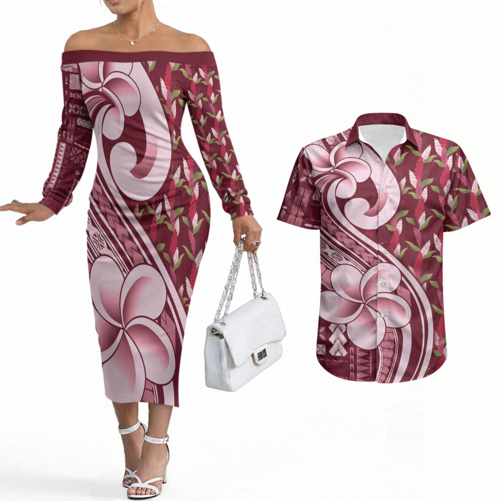 Samoa Teuila Couples Matching Off The Shoulder Long Sleeve Dress and Hawaiian Shirt Maroon Samoan Siapo Motifs LT05 Maroon - Polynesian Pride