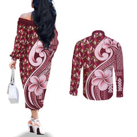 Samoa Teuila Couples Matching Off The Shoulder Long Sleeve Dress and Long Sleeve Button Shirt Maroon Samoan Siapo Motifs LT05 - Polynesian Pride
