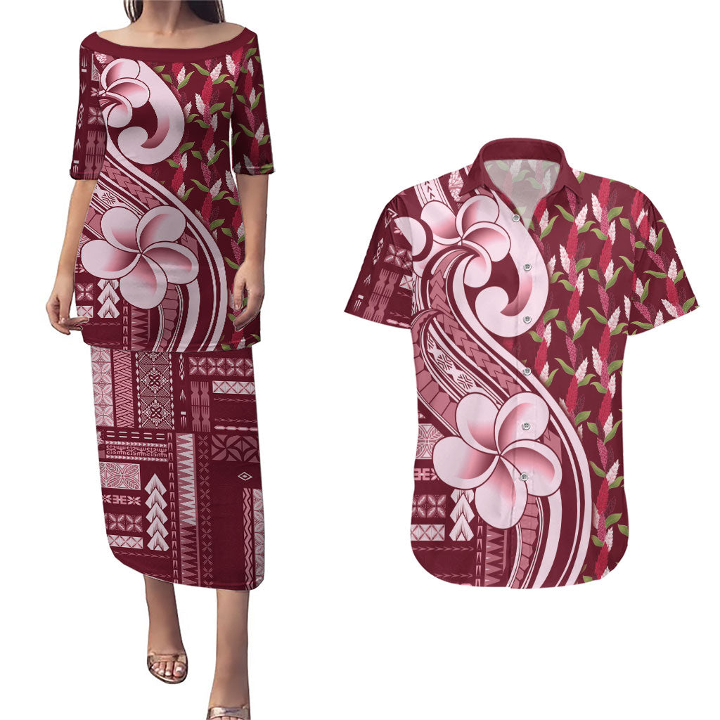 Samoa Teuila Couples Matching Puletasi and Hawaiian Shirt Maroon Samoan Siapo Motifs LT05 Maroon - Polynesian Pride