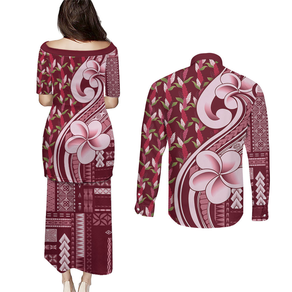 Samoa Teuila Couples Matching Puletasi and Long Sleeve Button Shirt Maroon Samoan Siapo Motifs LT05 - Polynesian Pride