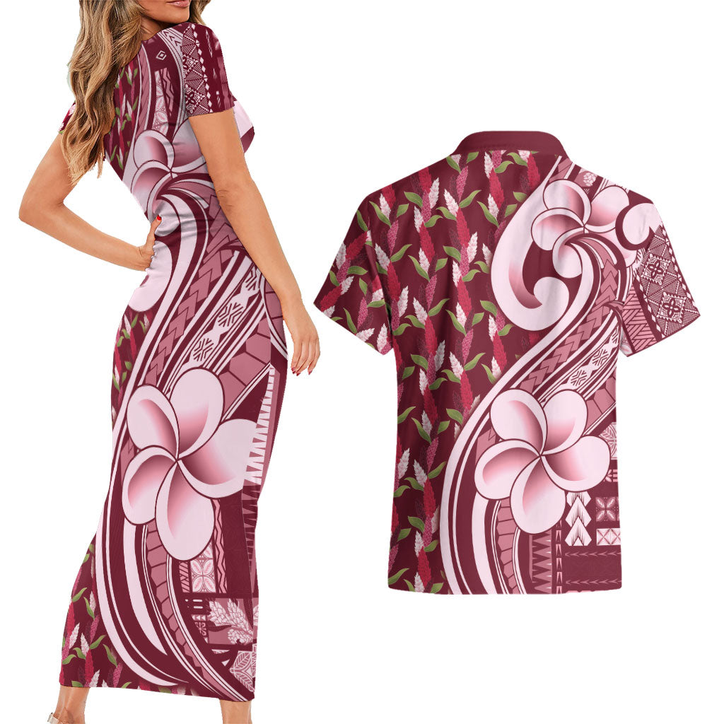Samoa Teuila Couples Matching Short Sleeve Bodycon Dress and Hawaiian Shirt Maroon Samoan Siapo Motifs LT05 - Polynesian Pride