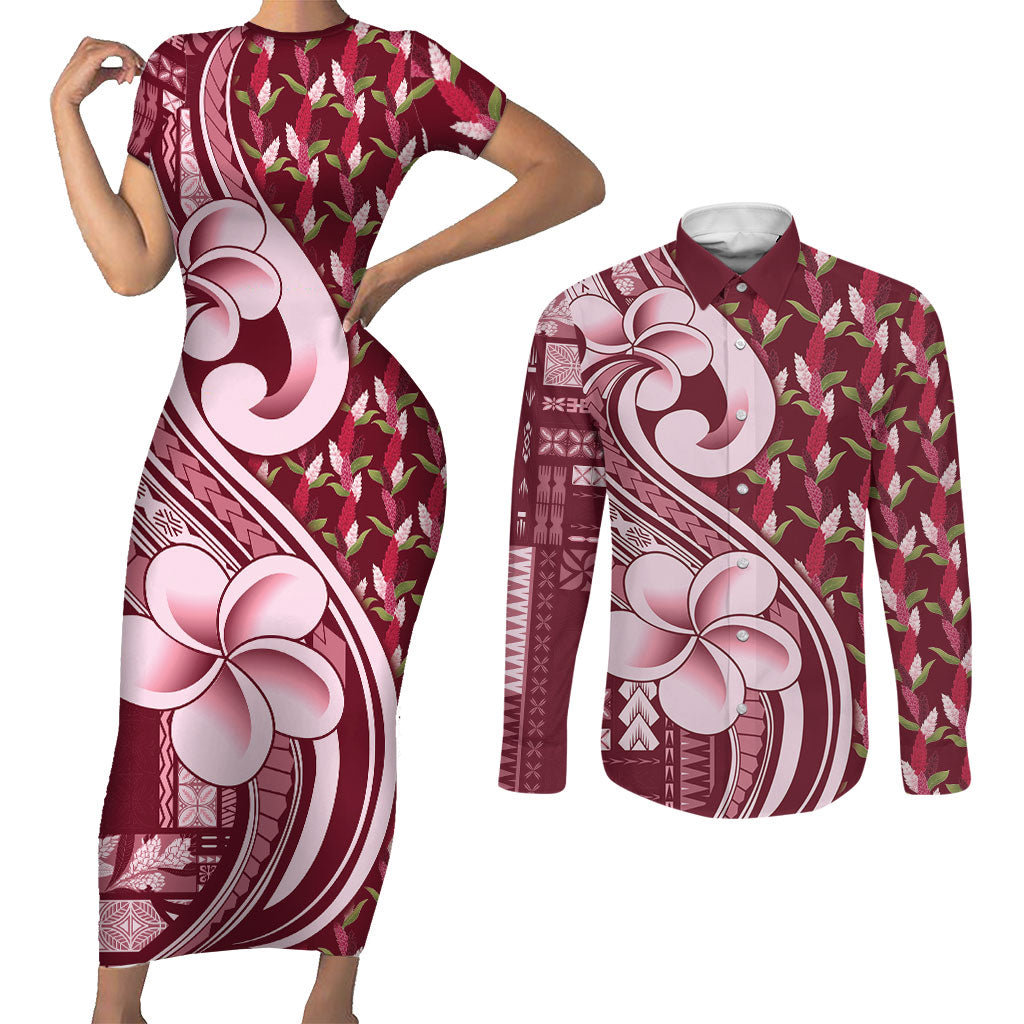 Samoa Teuila Couples Matching Short Sleeve Bodycon Dress and Long Sleeve Button Shirt Maroon Samoan Siapo Motifs LT05 Maroon - Polynesian Pride