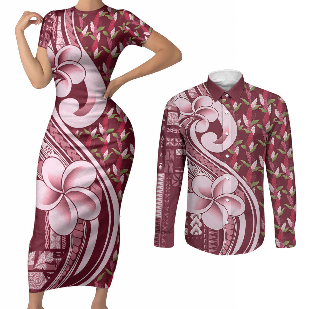 Samoa Teuila Couples Matching Short Sleeve Bodycon Dress and Long Sleeve Button Shirt Maroon Samoan Siapo Motifs LT05 Maroon - Polynesian Pride