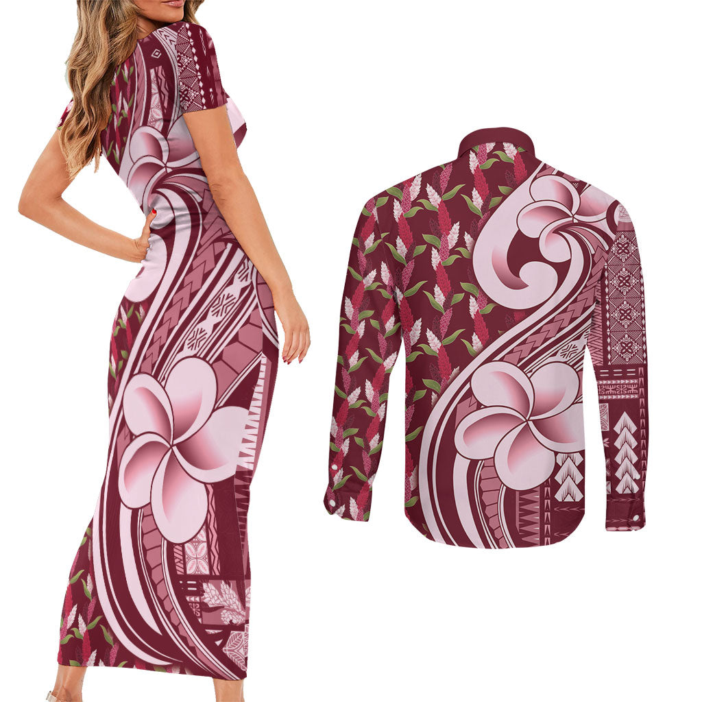 Samoa Teuila Couples Matching Short Sleeve Bodycon Dress and Long Sleeve Button Shirt Maroon Samoan Siapo Motifs LT05 - Polynesian Pride