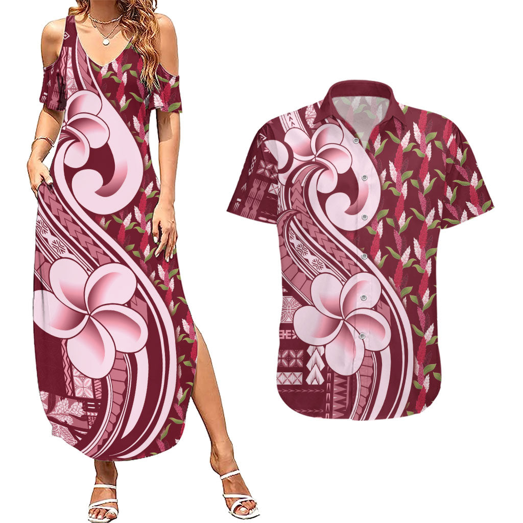 Samoa Teuila Couples Matching Summer Maxi Dress and Hawaiian Shirt Maroon Samoan Siapo Motifs LT05 Maroon - Polynesian Pride