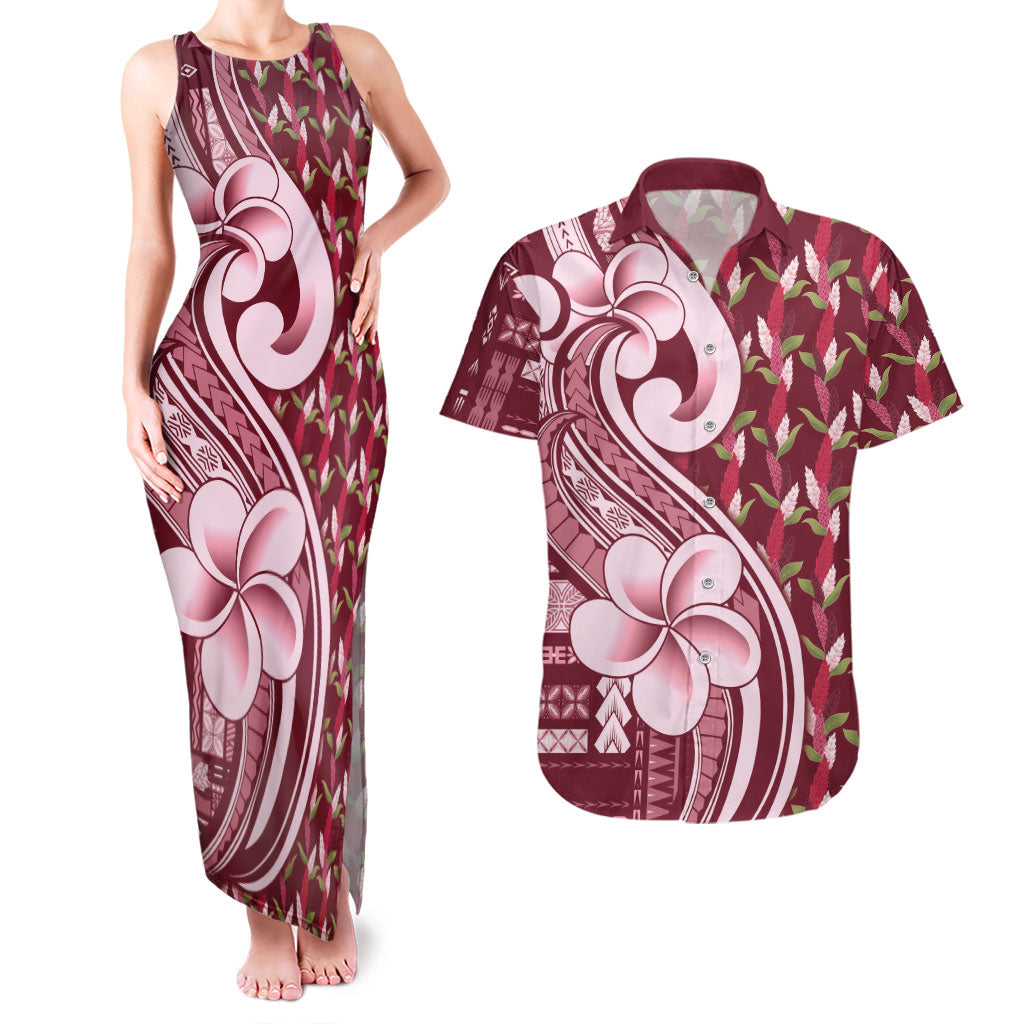 Samoa Teuila Couples Matching Tank Maxi Dress and Hawaiian Shirt Maroon Samoan Siapo Motifs LT05 Maroon - Polynesian Pride