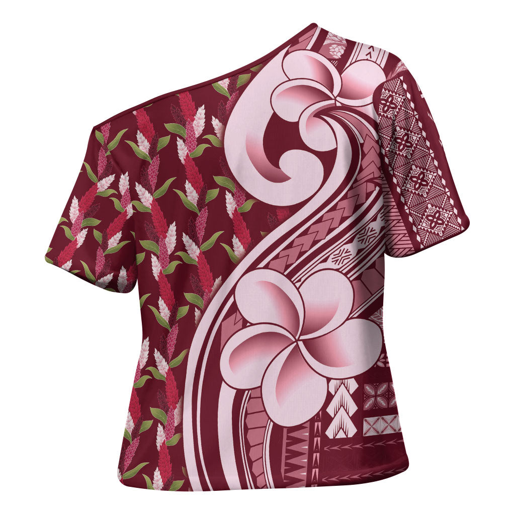 Samoa Teuila Cross Shoulder Shirt Maroon Samoan Siapo Motifs LT05 - Polynesian Pride