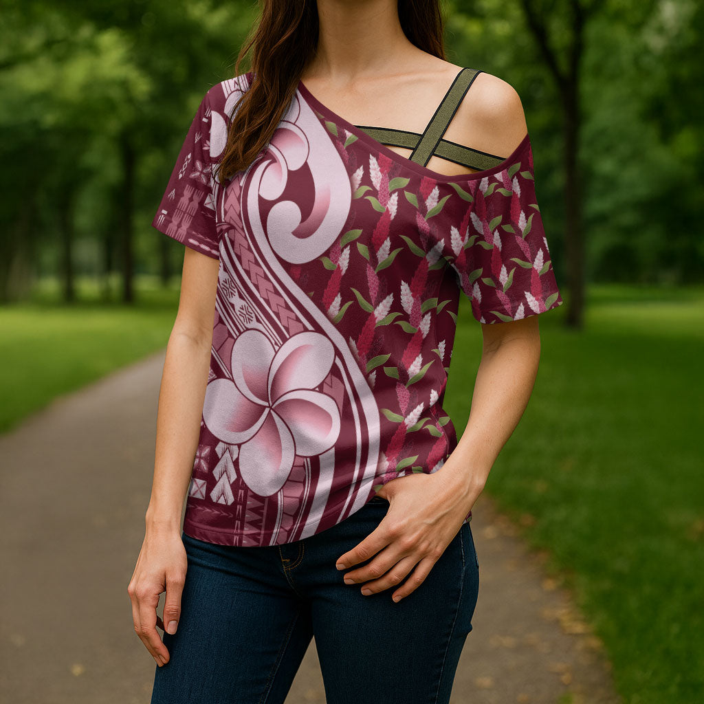Samoa Teuila Cross Shoulder Shirt Maroon Samoan Siapo Motifs LT05 - Polynesian Pride
