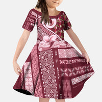 Samoa Teuila Family Matching Long Sleeve Bodycon Dress and Hawaiian Shirt Maroon Samoan Siapo Motifs LT05 Daughter's Dress Maroon - Polynesian Pride