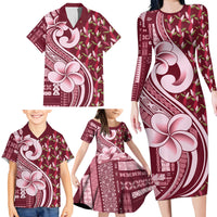 Samoa Teuila Family Matching Long Sleeve Bodycon Dress and Hawaiian Shirt Maroon Samoan Siapo Motifs LT05 - Polynesian Pride