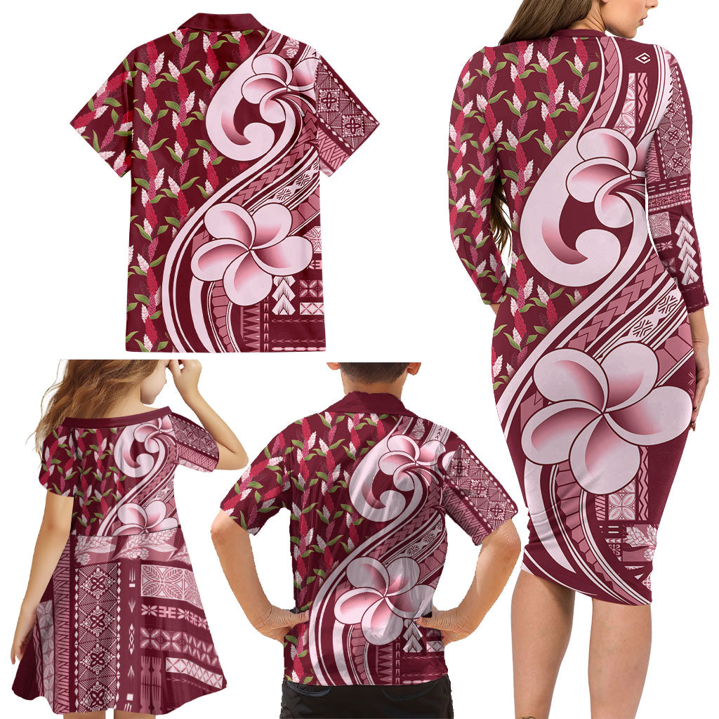 Samoa Teuila Family Matching Long Sleeve Bodycon Dress and Hawaiian Shirt Maroon Samoan Siapo Motifs LT05 - Polynesian Pride