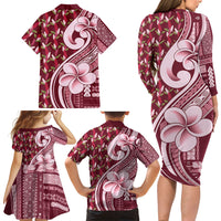 Samoa Teuila Family Matching Long Sleeve Bodycon Dress and Hawaiian Shirt Maroon Samoan Siapo Motifs LT05 - Polynesian Pride