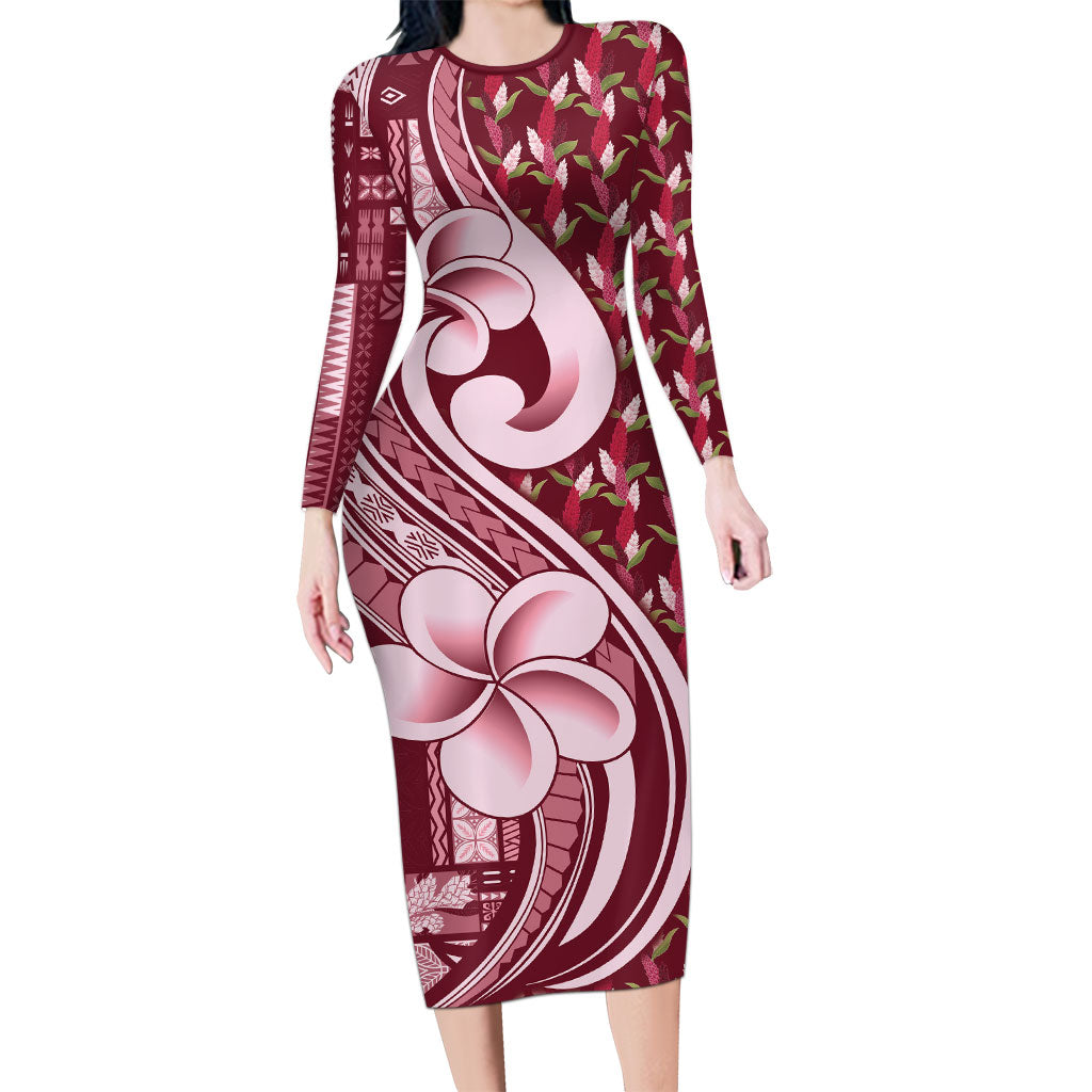 Samoa Teuila Family Matching Long Sleeve Bodycon Dress and Hawaiian Shirt Maroon Samoan Siapo Motifs LT05 Mom's Dress Maroon - Polynesian Pride