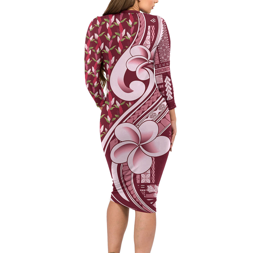 Samoa Teuila Family Matching Long Sleeve Bodycon Dress and Hawaiian Shirt Maroon Samoan Siapo Motifs LT05 - Polynesian Pride