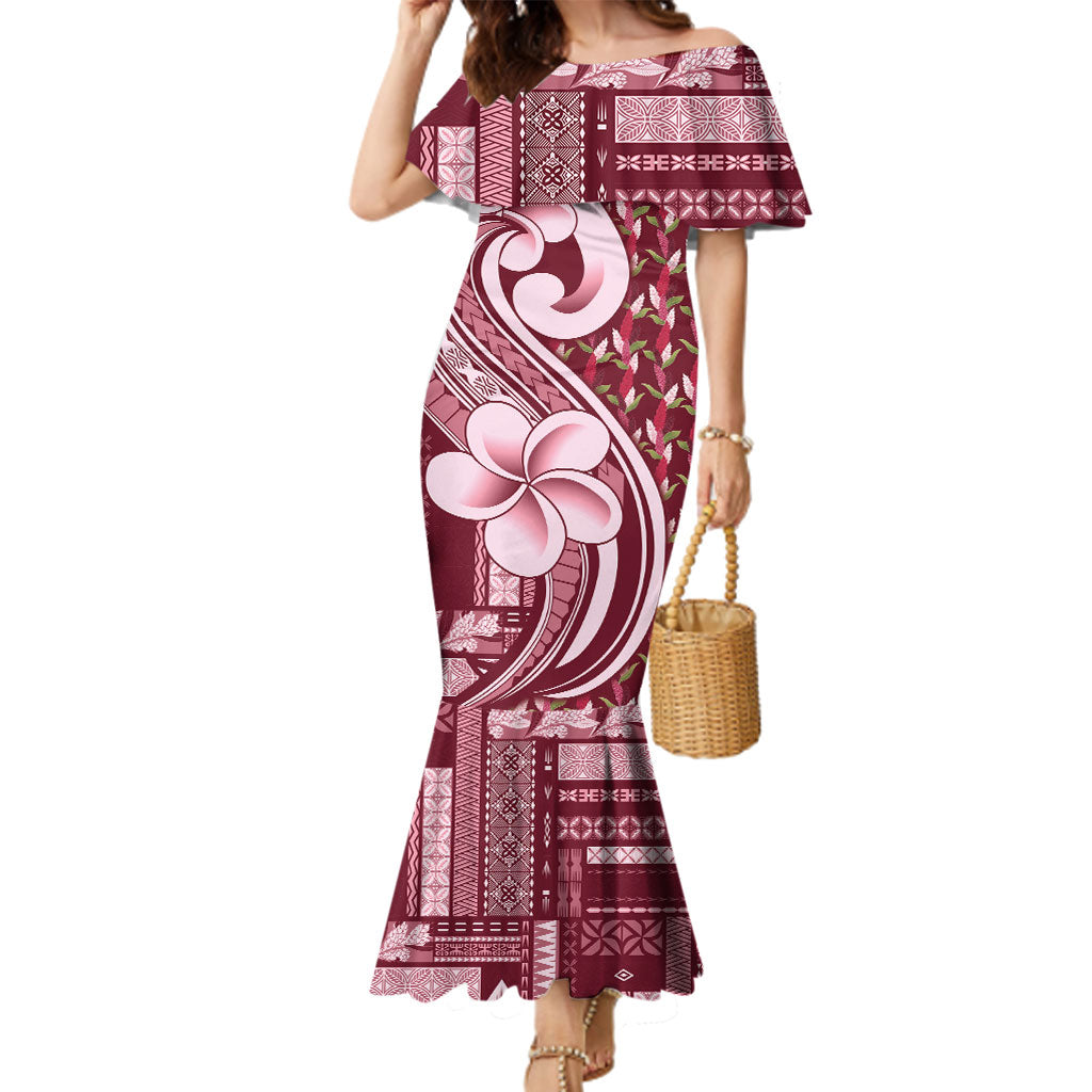 Samoa Teuila Family Matching Mermaid Dress and Hawaiian Shirt Maroon Samoan Siapo Motifs LT05 Mom's Dress Maroon - Polynesian Pride