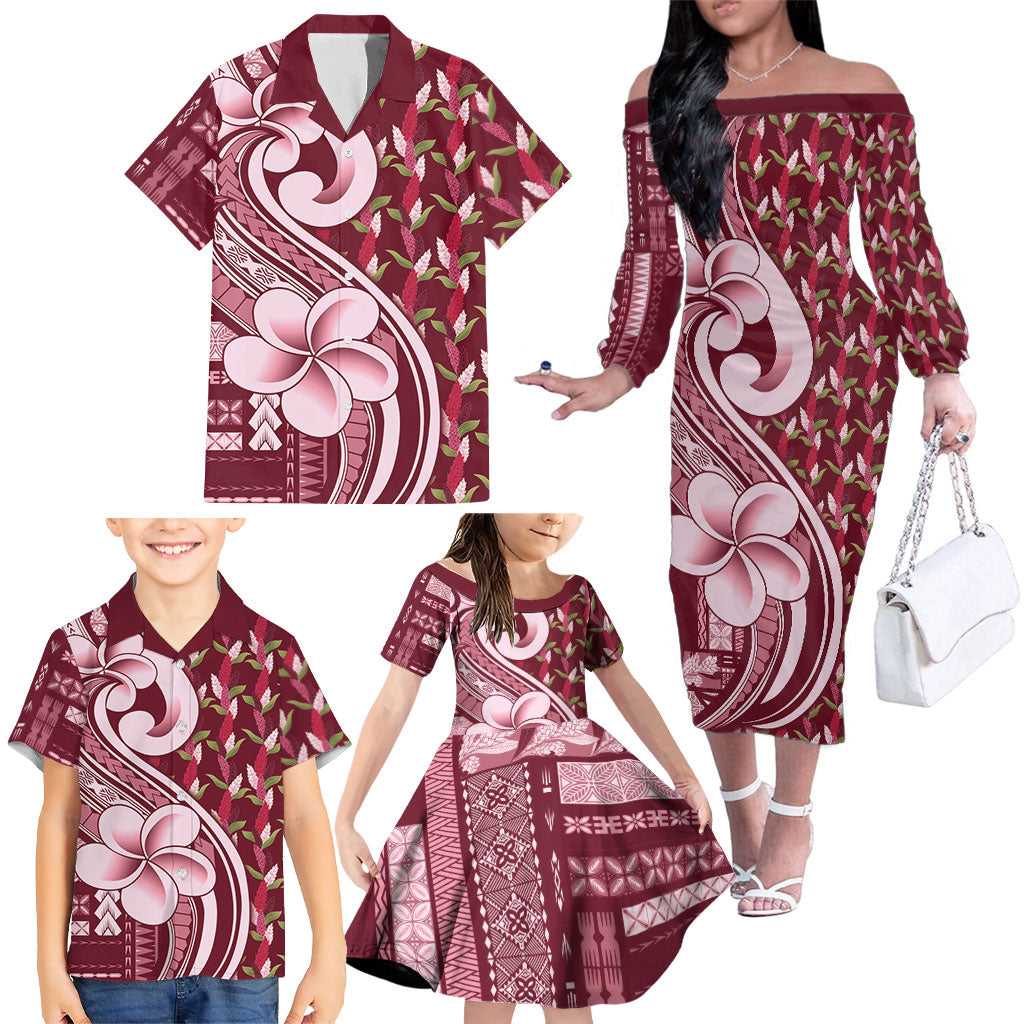Samoa Teuila Family Matching Off The Shoulder Long Sleeve Dress and Hawaiian Shirt Maroon Samoan Siapo Motifs LT05 - Polynesian Pride