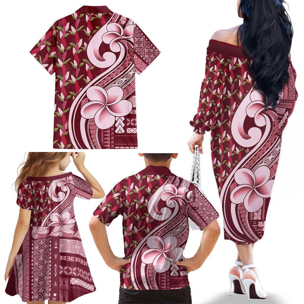 Samoa Teuila Family Matching Off The Shoulder Long Sleeve Dress and Hawaiian Shirt Maroon Samoan Siapo Motifs LT05 - Polynesian Pride