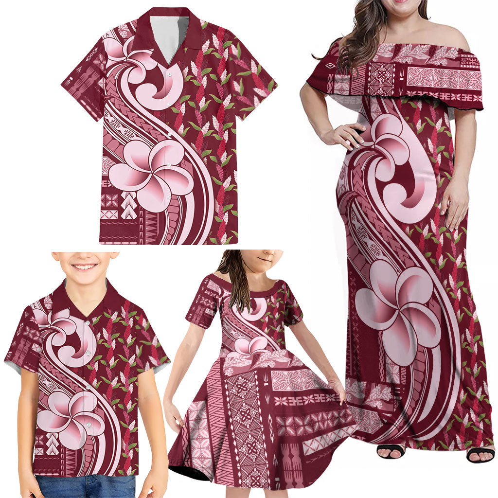 Samoa Teuila Family Matching Off Shoulder Maxi Dress and Hawaiian Shirt Maroon Samoan Siapo Motifs LT05 - Polynesian Pride