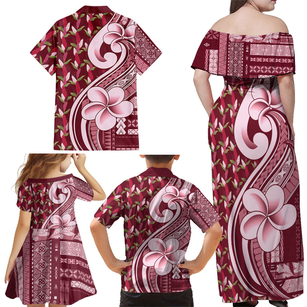 Samoa Teuila Family Matching Off Shoulder Maxi Dress and Hawaiian Shirt Maroon Samoan Siapo Motifs LT05 - Polynesian Pride