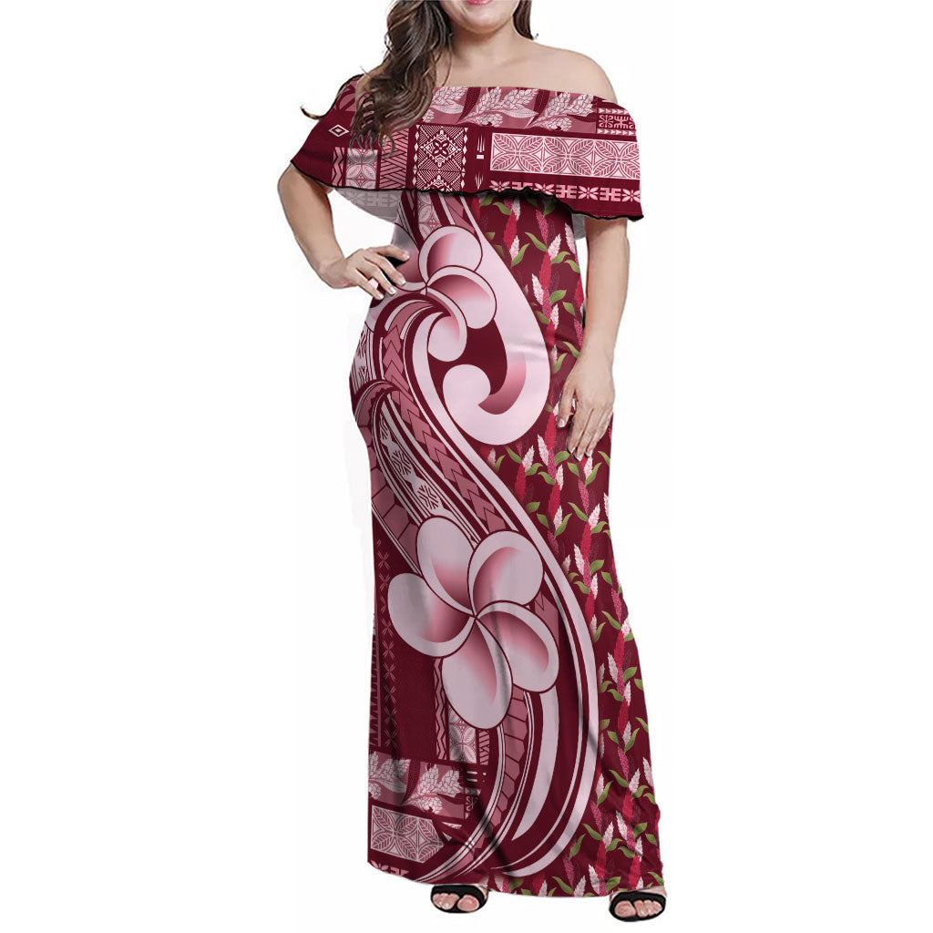 Samoa Teuila Family Matching Off Shoulder Maxi Dress and Hawaiian Shirt Maroon Samoan Siapo Motifs LT05 Mom's Dress Maroon - Polynesian Pride