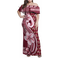 Samoa Teuila Family Matching Off Shoulder Maxi Dress and Hawaiian Shirt Maroon Samoan Siapo Motifs LT05 Mom's Dress Maroon - Polynesian Pride