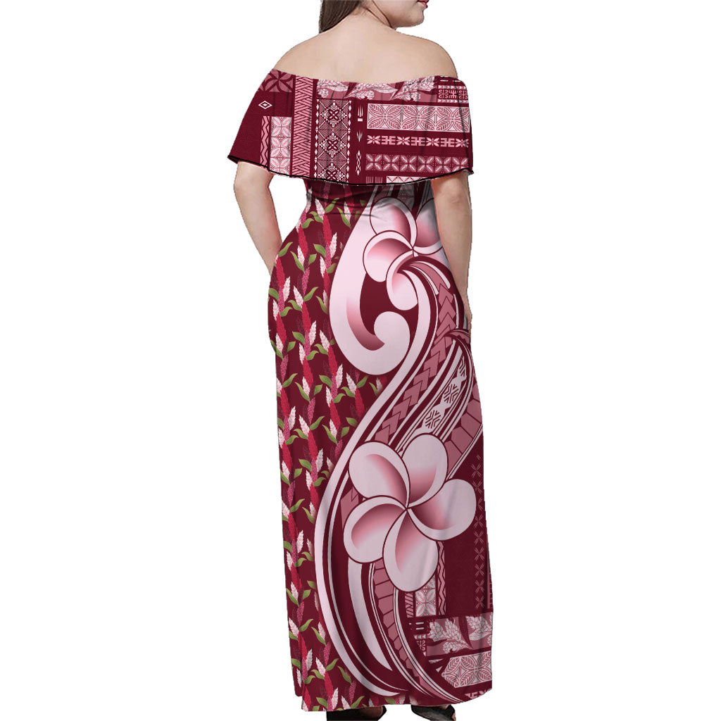 Samoa Teuila Family Matching Off Shoulder Maxi Dress and Hawaiian Shirt Maroon Samoan Siapo Motifs LT05 - Polynesian Pride