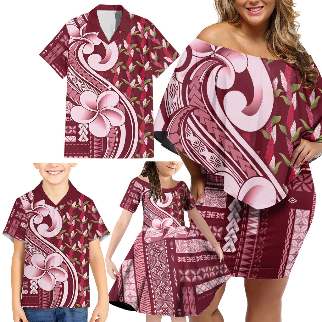 Samoa Teuila Family Matching Off Shoulder Short Dress and Hawaiian Shirt Maroon Samoan Siapo Motifs LT05 - Polynesian Pride