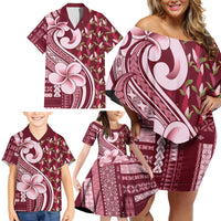 Samoa Teuila Family Matching Off Shoulder Short Dress and Hawaiian Shirt Maroon Samoan Siapo Motifs LT05 - Polynesian Pride