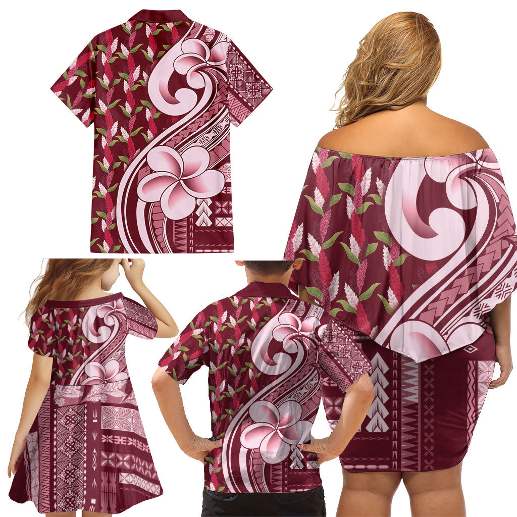 Samoa Teuila Family Matching Off Shoulder Short Dress and Hawaiian Shirt Maroon Samoan Siapo Motifs LT05 - Polynesian Pride