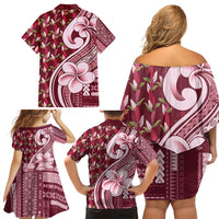 Samoa Teuila Family Matching Off Shoulder Short Dress and Hawaiian Shirt Maroon Samoan Siapo Motifs LT05 - Polynesian Pride
